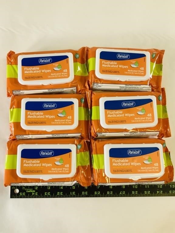 6 pack 48ct Rexall Flushable Medicated Wipes