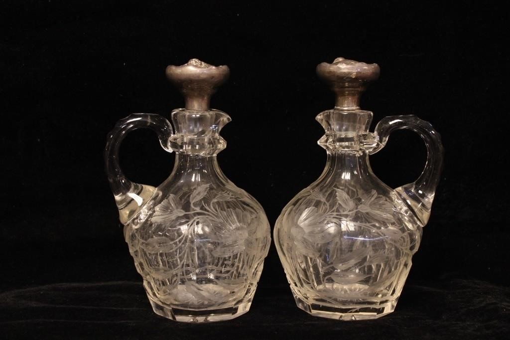 Pair of Cut Glass Wine Decanters w Silver Top