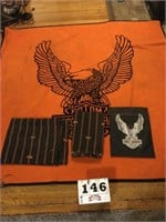 Harley Davidson rug, 82"X82", curtains, flag