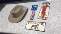 Cowboy hat,sign,mailbox flag