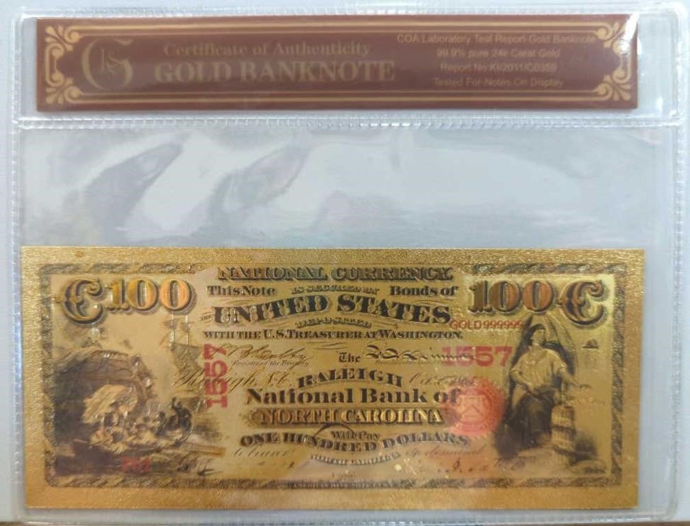 24k gold-plated Raleigh North Carolina bank note