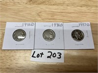 1937-D, 1936-D, & 1935-D Buffalo Nickels