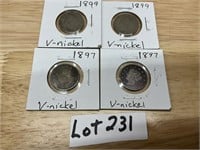 4 V-Nickels, 2- 1897 & 2-1899
