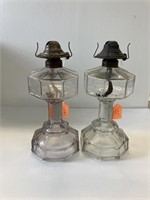 Pair of 8 sided glass oil lamps