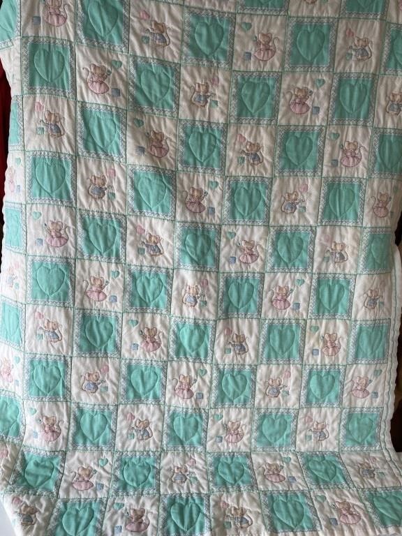 Vintage Baby Quilt Blanket Mice & Hearts Teal Blue