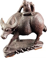 Vintage Hand Carved Wooden Water Buffalo With Gla