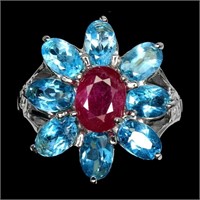 Natural Red Ruby & Swiss Blue Topaz Ring