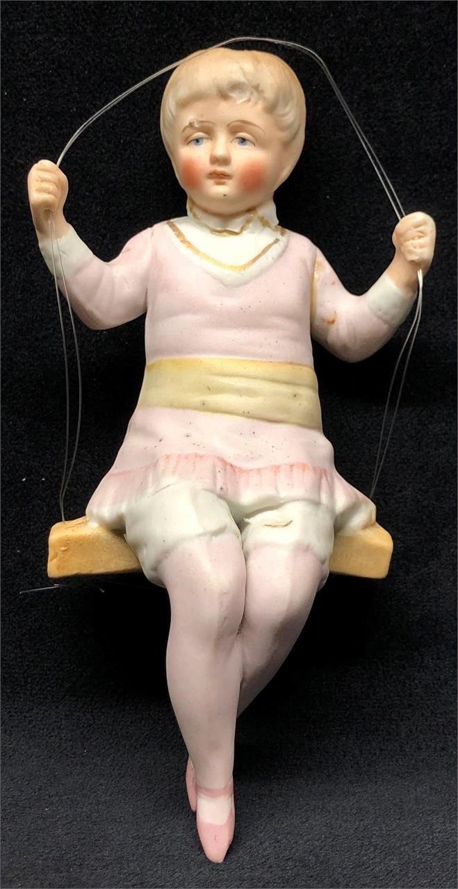 Antique Porcelain Bisque Girl on Swing - Made in G