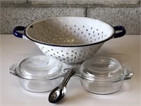 Vintage Enamel Colander , Measuring Spoons