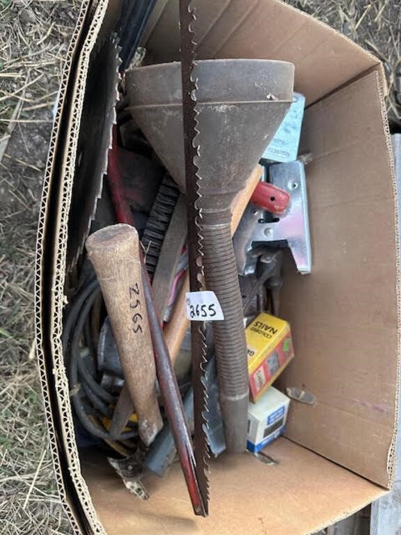 Box of Misc Tools, Funnel, Saw, Blades, Misc