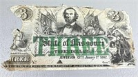 1862 $3 Civil War Bank Note Jefferson City,