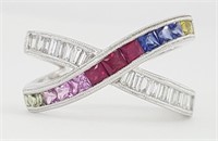 1.60 Ct- Multi Sapphire Diamond Band Ring 14 Kt