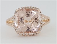 4.70 Ct- Cushion Cut Morganite Diamond Ring 14 Kt