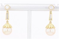 18 Kt- .35 Ct Diamond Pearl Dangle Earrings