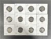 Twelve Various Dates Buffalo Nickels