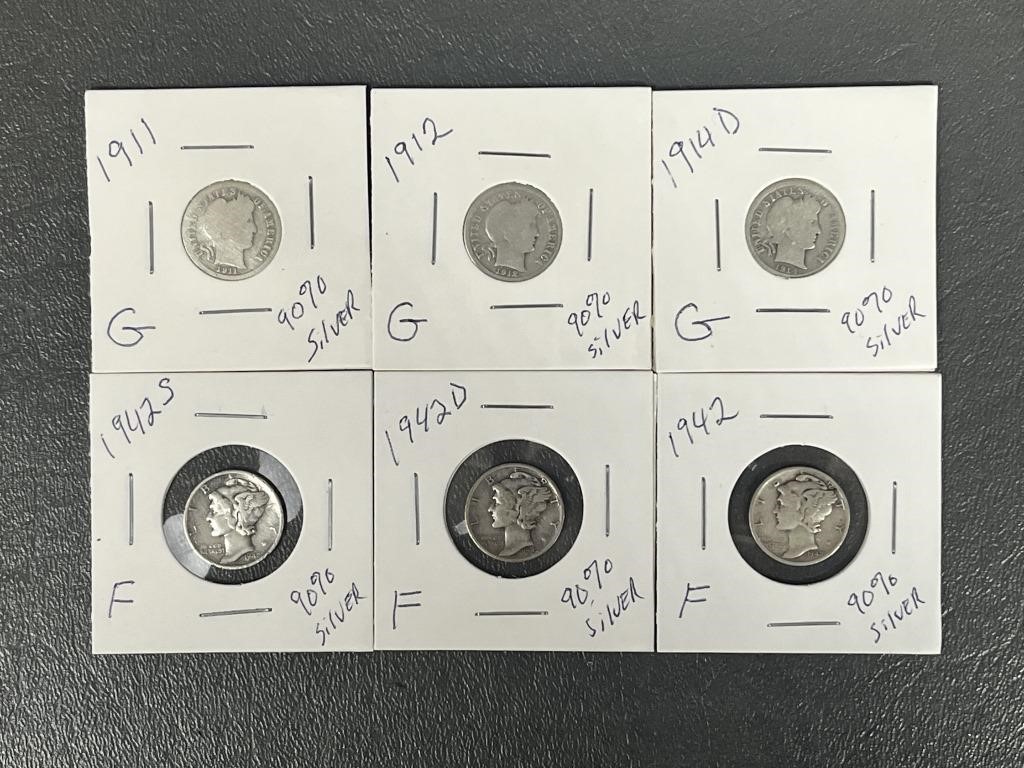 Barber and Mercury Silver Dimes (90%)