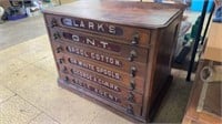 Antique Clark’s red glass front spool cabinet