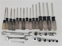 Assorted Screwdrivers, Wrenches & Sockets