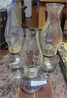 3 CLEAR GLASS KEROSENE LAMPS
