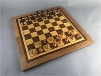 Marquetry Chess Board with Carved Wood Pieces