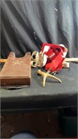 Leather & wood embossed boot jack, suspenders,