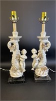 Pair of Italian Porcelain Lamps on Marble Base