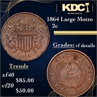 1864 Large Motto Two Cent Piece 2c Grades vf+