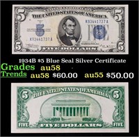 1934B $5 Blue Seal Silver Certificate Grades Choic