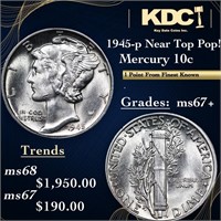 1945-p Mercury Dime Near Top Pop! 10c Graded ms67+
