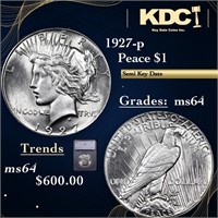 1927-p Peace Dollar $1 Graded ms64 BY SEGS