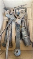 Antique tools, chisel, ball peen hammer, crowbar,