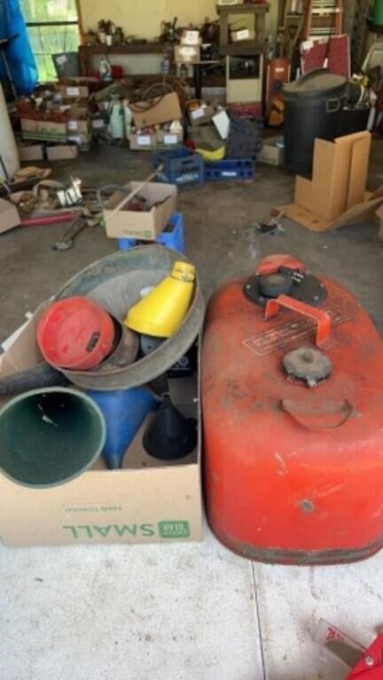 Boat gas can, funnels some metal, oil spout