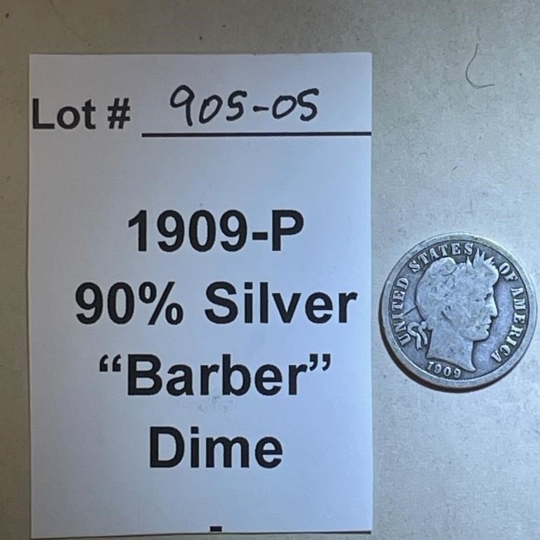 1909-P "Barber" Dime, 90% Silver