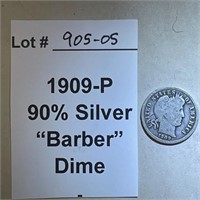 1909-P "Barber" Dime, 90% Silver