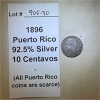 1896 Puerto Rico 10 Centavos, 92.5% Silver, Scarce