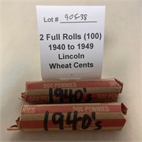 2 Rolls (100) 1940's Wheat Pennies
