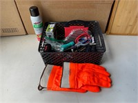Basket with tools, gloves, etc.