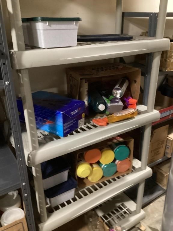 6' plastic shelf & contents in basement storage