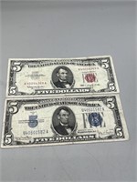 2-Piece $5 Set - 1934 $5 Green Seal & 1963 $5 Red