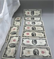 (2) 1928 $2 Red Seals & (8) 1953 $2 Red Seals Note