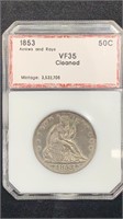 1853 Seated Liberty Silver Half PCI VF35 (cleaned)