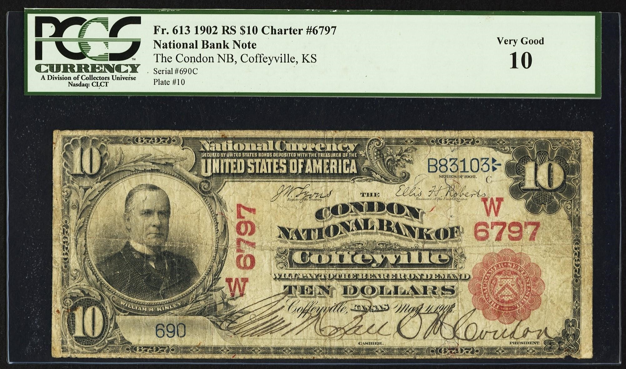 SCARCE Coffeyville, KS - $10 1902 Red Seal Fr. 613