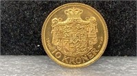 GOLD: 1908 Denmark 10 Kroner Gold Coin