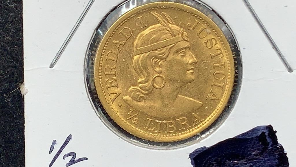 GOLD: 1908 Peru 1/2 Libra Gold Coin