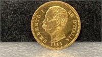 GOLD: 1882 Umbeito 20 Lira Gold Coin
