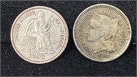 1866 3 Cent Nickel & 1890 Seated Liberty Dime