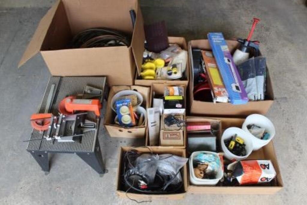 Group of Boxes with Tools, Wire, & Garage Items