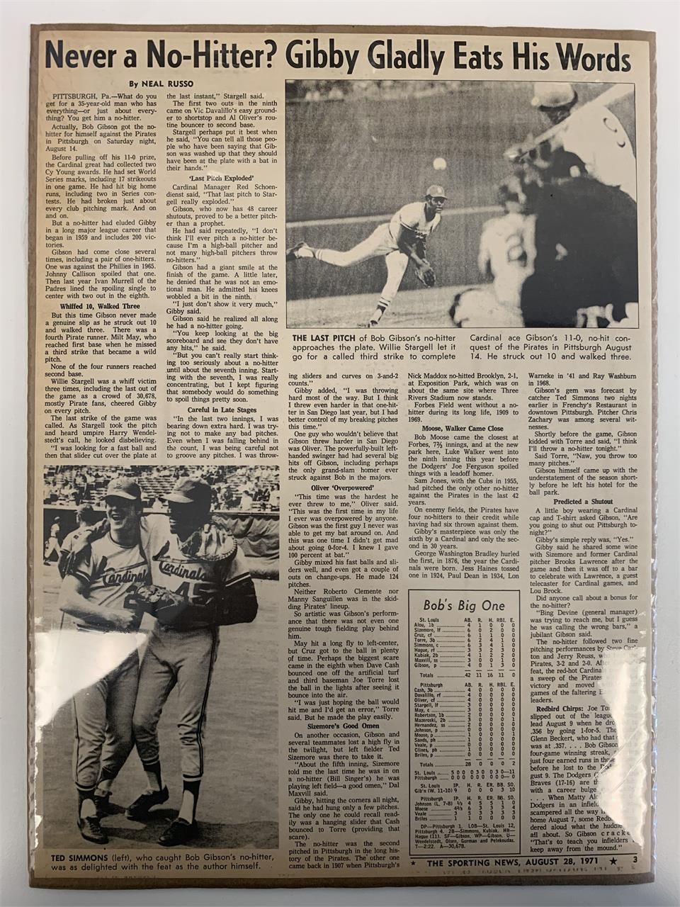 Cardinals Bob Gibson No-Hitter Newspaper article.