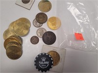 Bag of Foreign Coins & Tokens & Poker Chips