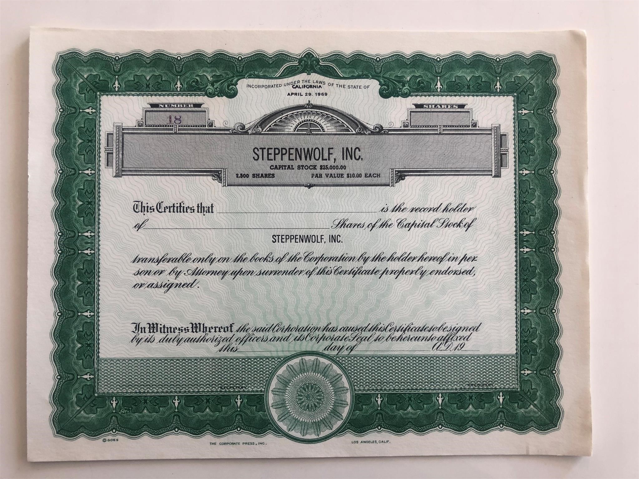 Steppenwolf Inc. Blank Stock Certificate